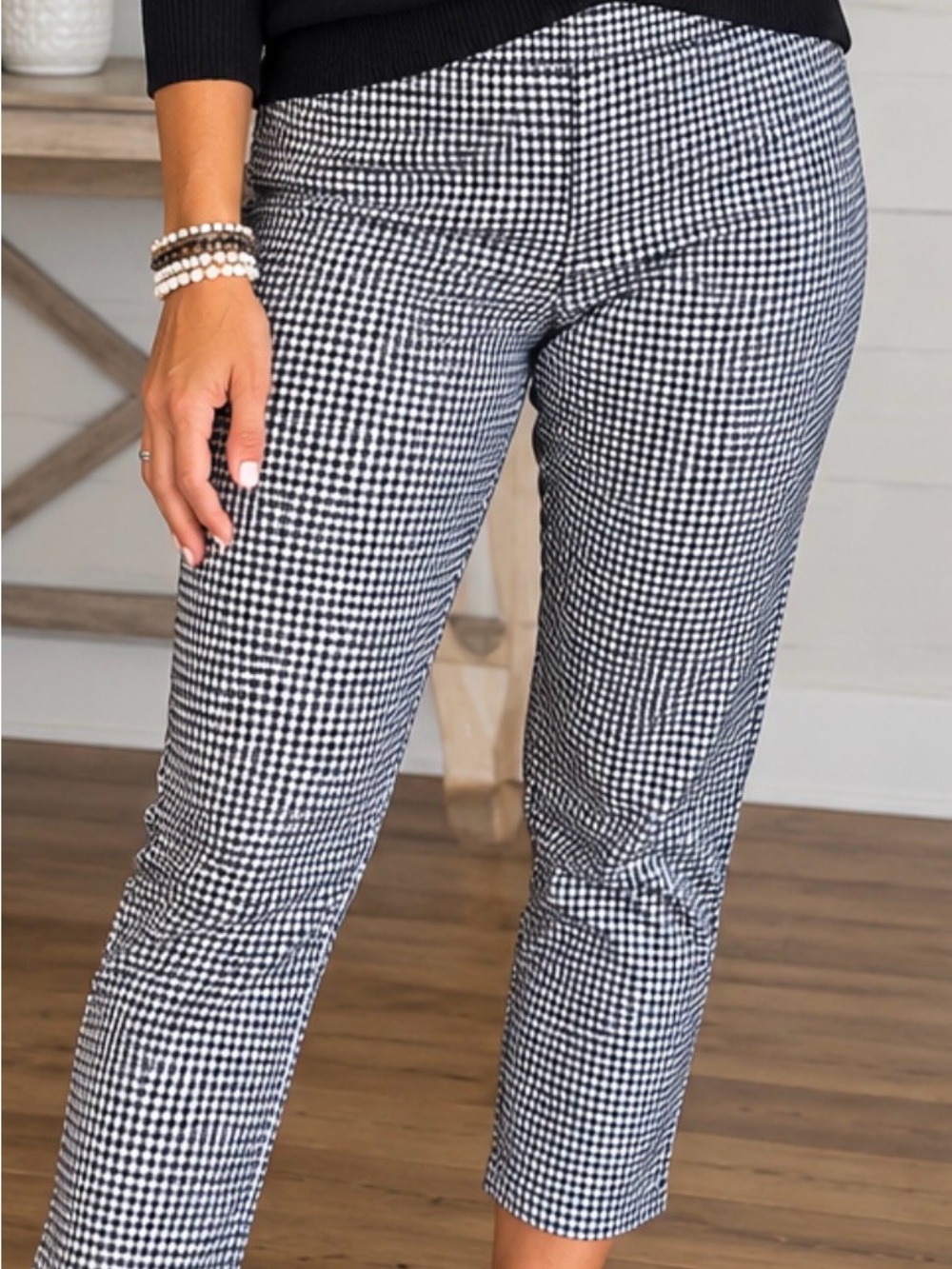 Checkered Cropped Stretch Pants - Black & White